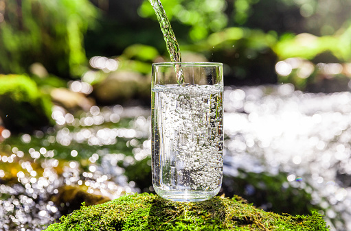 Close-up of clean purified water filling in drinking glass on moss covered rock with river flowing in the background at forest