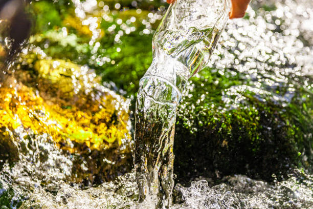 istock Purified water pouring from bottle in river at forest 1451090012