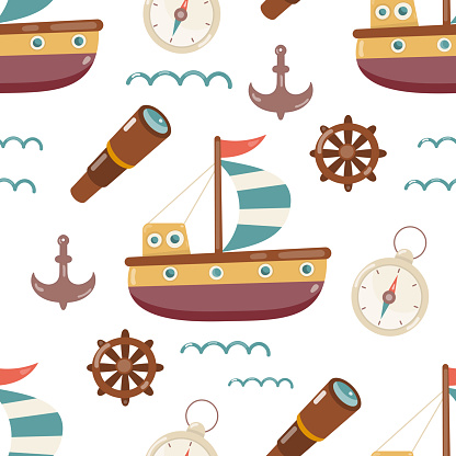 Nautical Pirated Kids Seamless Pattern with Sailboat, Spyglass, Compass and Anchor. Vector Illustration. Cute Sea Background for Kids Fabric, Textile, Wrapping Paper, Nursery Design