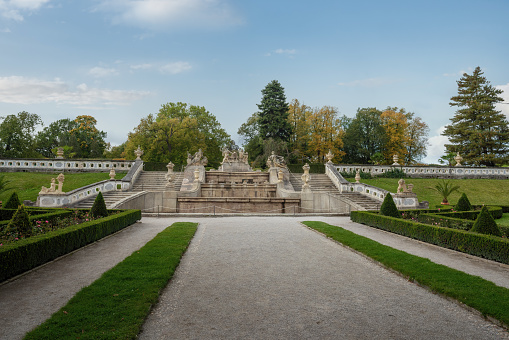 Cesky Krumlov, Czechia - Oct 3, 2019: Cascade Fountain at Cesky Krumlov Castle Garden - Cesky Krumlov, Czech Republic