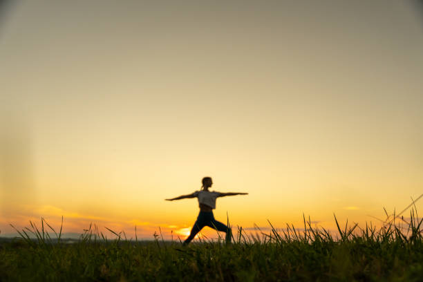 istock Surface level of woman practicing warrior 2 pose on grassy land 1451090949