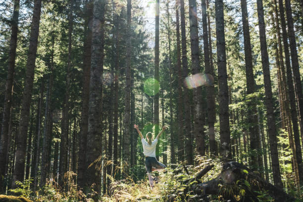 istock Rear view of yogi with arms raised meditating in tree pose at forest 1451091730