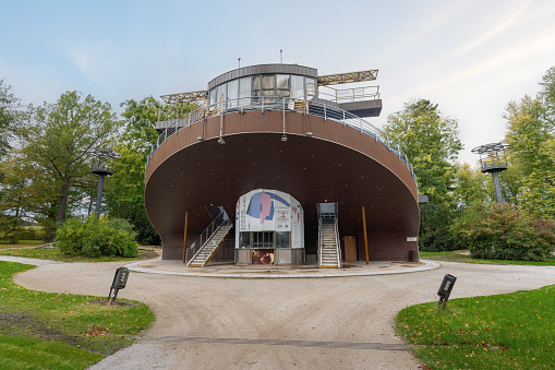 Cesky Krumlov, Czechia - Oct 3, 2019: Open air Theatre with Revolving Auditorium at Cesky Krumlov Castle Garden - Cesky Krumlov, Czech Republic