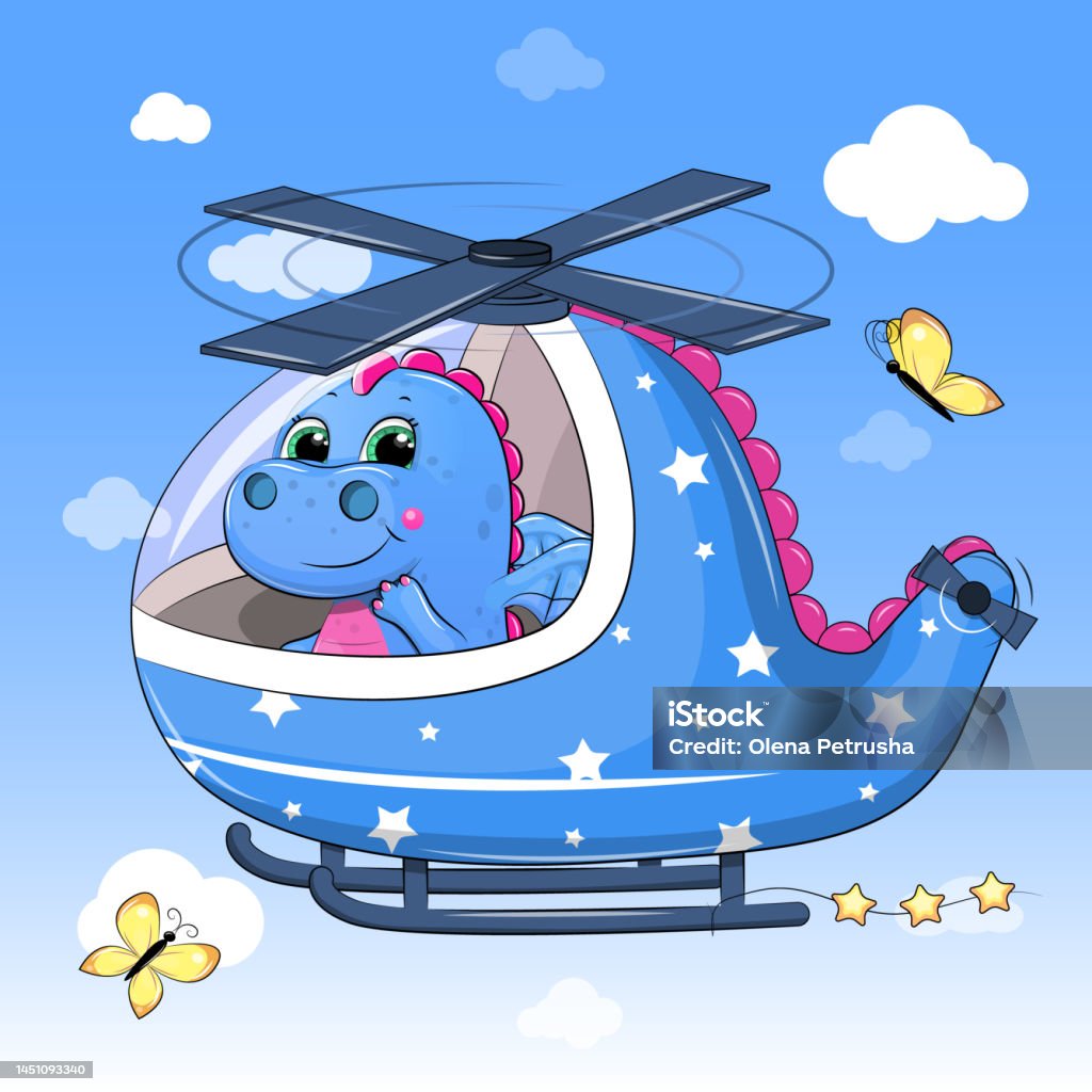 Cute Cartoon Dragon In A Helicopter Stock Illustration - Download Image Now  - Air Vehicle, Animal, Animal Body Part - iStock