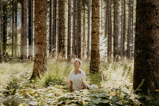 Dedicated young woman practicing cobra pose amidst green plants and trees growing in woodland during getaway