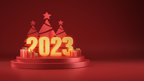 3d Render 2023 Year Lettering on Red Background & Podium, With Pine Trees & Gift Box Decorations, New year concept. (Close-up)