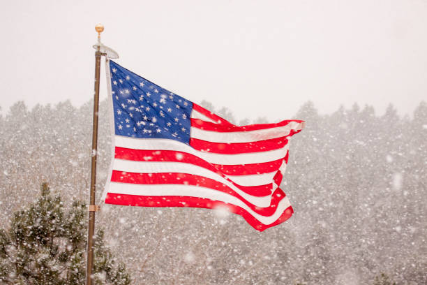 American Flag in Snow flurry