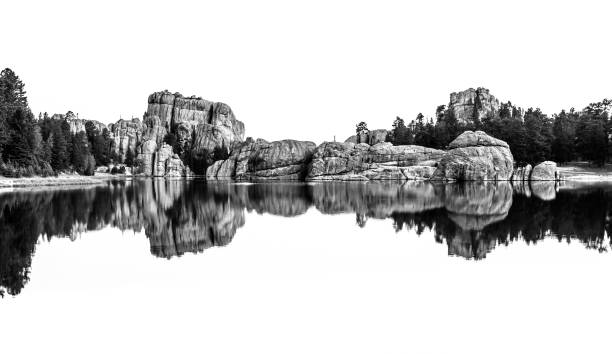 Sylvan Lake Reflection in Black and White Sylvan Lake Reflection in Black and White custer state park stock pictures, royalty-free photos & images