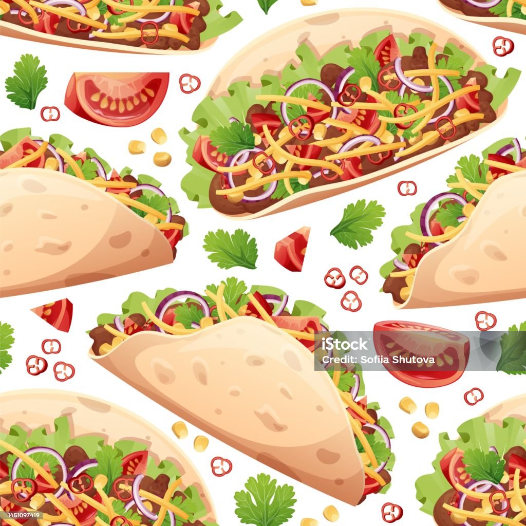 Ilustración de Patrón Sin Costuras Con Tacos Textura Con Comida Tradicional  Mexicana Ideal Para Fondos De Pantalla Decoración De Menús Restaurantes y  más Vectores Libres de Derechos de Alimento - iStock