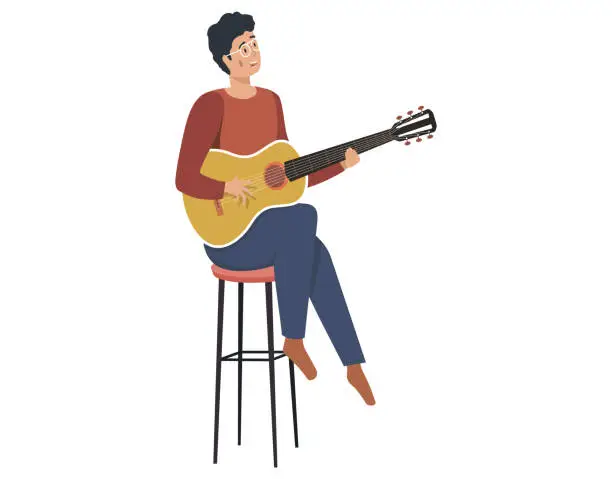 Vector illustration of Man sings song. Guy sitting with guitar isolated on white. Guitarist making melody at home