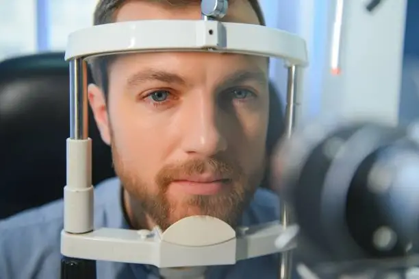 Adult man eyesight test with binocular slit-lamp. Checking retina of a male eye close-up. Ophthalmology Clinic.