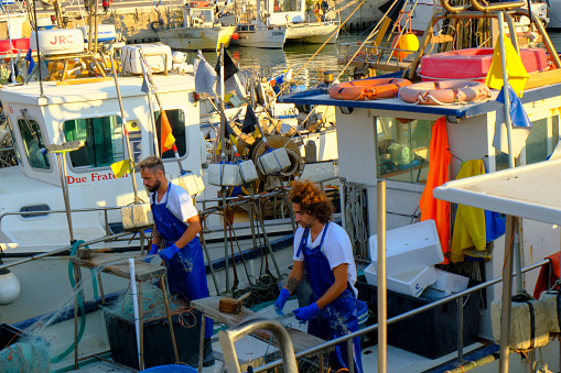 July 2022 Senigallia, Italy: Two sailors working on ship in the harbour across other boats.