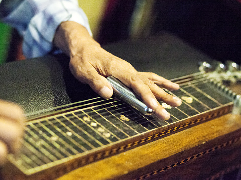 Close-up of mature male hands playing zither