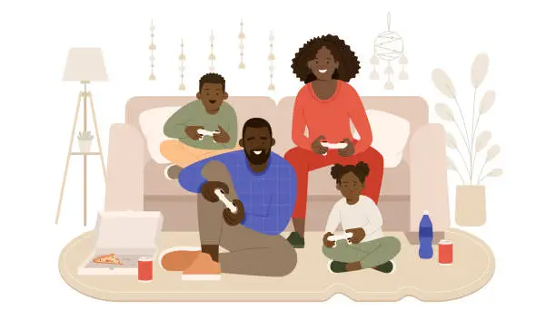 Vector illustration of African American family with two children playing video games.