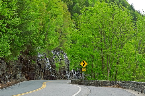 Twisty highway route 97 in New York above the Delaware river has many curves and scenic beauty. A challenging drive with many pullouts to view the Delaware river below.