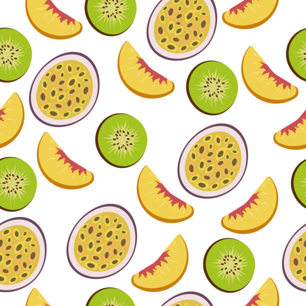 illustrations, cliparts, dessins animés et icônes de modèle vectoriel sans couture de fruits. avec fruit de la passion, kiwi et pêche. - georgia peach