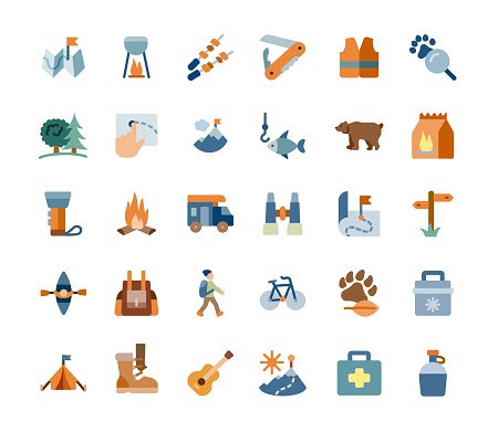 Travel and Camping Icons Set. Flat Style. Vector illustration.