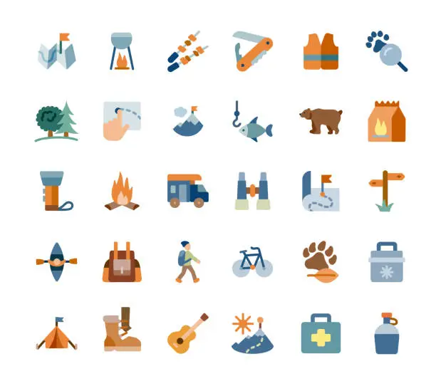 Vector illustration of Travel and Camping Flat Icons Set