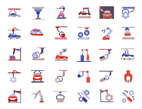 Car factory, auto production icons set. Flat Style. Vector illustration.