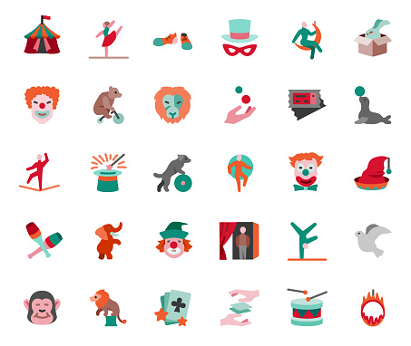 Circus icons set. Flat style. Vector illustration.