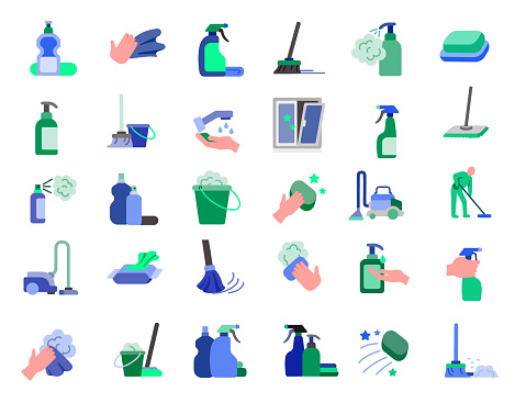 Cleaning Icons Set. Flat style. Vector illustration.