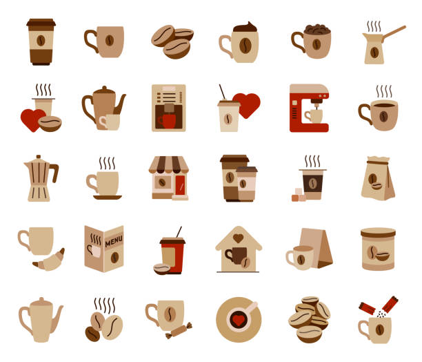 ilustraciones, imágenes clip art, dibujos animados e iconos de stock de conjunto de iconos de coffee flat - caffeine drink coffee cafe