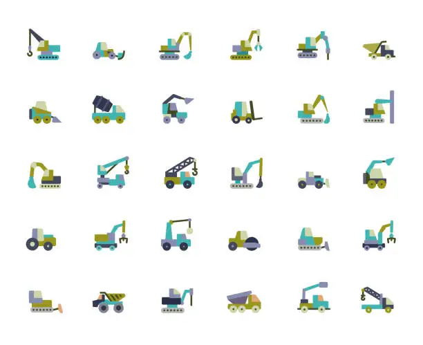 Vector illustration of Construction Machinery, Construction Equipment Flat Icons Set