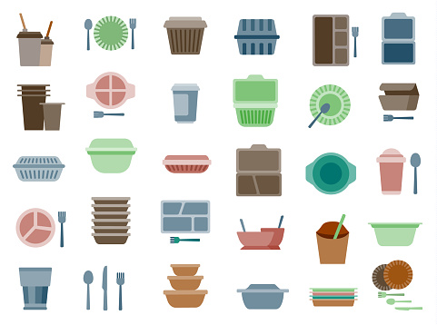 Disposable tableware icons set. Flat Style. Vector illustration.