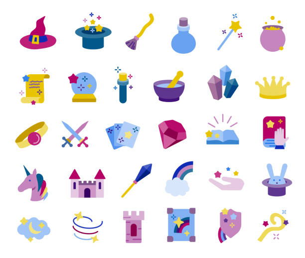 ilustraciones, imágenes clip art, dibujos animados e iconos de stock de conjunto de iconos planos de fantasy world - wizard magic broom stick