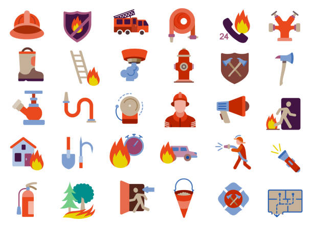 fireman firefighter flat icons set - wildfire smoke stock illustrations