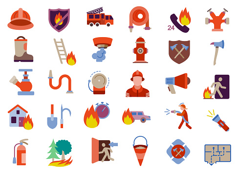 Fireman, firefighter icons set. Flat Style. Vector illustration.