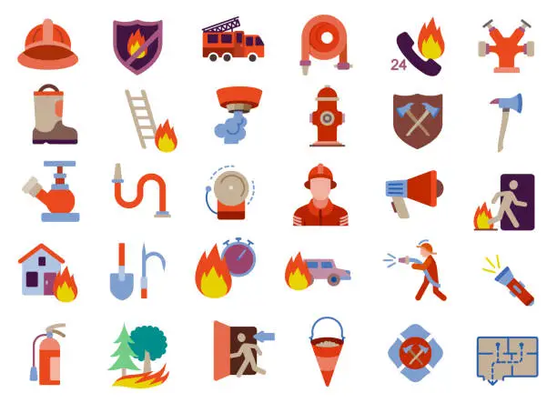 Vector illustration of Fireman Firefighter Flat Icons Set