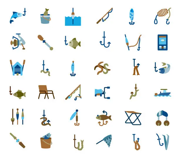 Vector illustration of Fishing Flat Icons Set