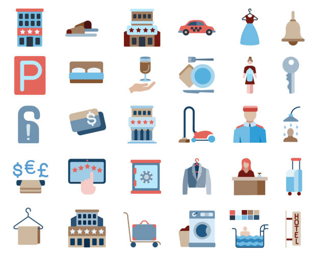 Hotel Service and Apartments Flat Icons Set Hotel Service and Apartments icons set. Flat style. Vector illustration. airport porter stock illustrations