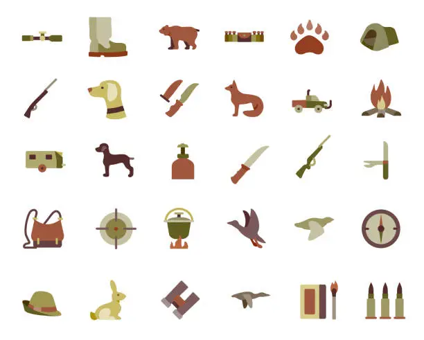 Vector illustration of Hunting Flat Icons Set