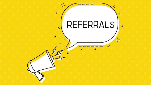 Referrals. Megaphone and yellow speech bubble with quote. Blog management. Concept poster for social networks, advertising, banner. Flat design. 4K animation