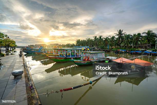 Beautiful Sunrise Over The Tourist Boats In Historic Hoi An A Unesco World Heritage Site In Vietnam Southeast Asia Stock Photo - Download Image Now