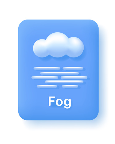 Button or icon for weather mobile app or website. Fog weather forecast element. Cloud and fog on blue background. 3d Vector illustration.