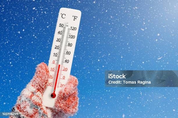 White Celsius And Fahrenheit Scale Thermometer In Hand Ambient Temperature Zero Degrees Celsius Stock Photo - Download Image Now