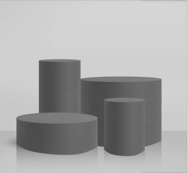 istock Red pedestals and risers on beige background. Product mockup setup with circular risers. 1451117413