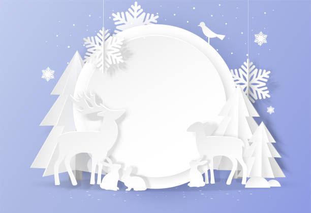 istock Festive paper craft winter landscape with deer, pine tree, rabbit and snowflake on a snowy background 1451117823