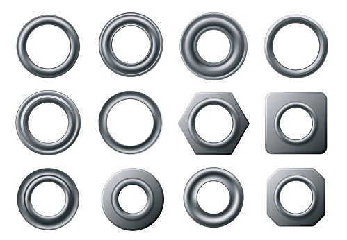 Metal eyelets. Curtain eyelet ring, round grommet and circular fastener with hole isolated vector set of ring grommet illustration