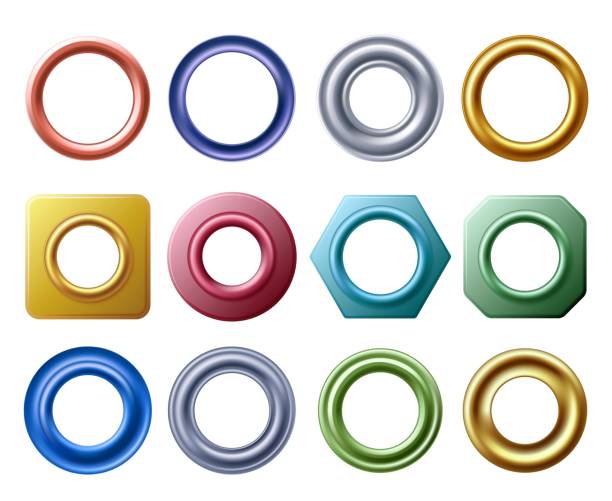 Grommet rings. Metal and golden eyelets for label holes, round hole metallic grommets and curtain eyelet vector set Grommet rings. Metal and golden eyelets for label holes, round hole metallic grommets and curtain eyelet vector set of round ring metal design illustration eyelet stock illustrations