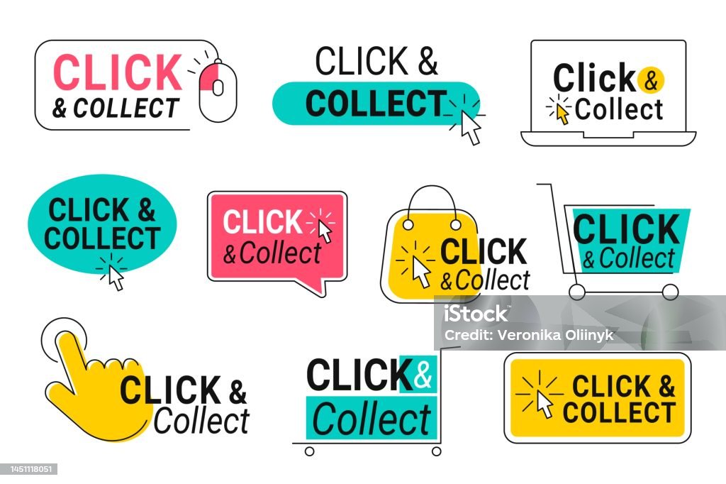 Click Button Visuals Click And Collect Online Shop Buttons With Clicking Cursor Pointer ...