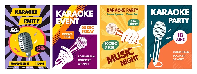 Karaoke party flyer. Singing night banner with hand holding microphone, musical event and vocal club invitation template layout vector set of karaoke music event banner and poster illustration