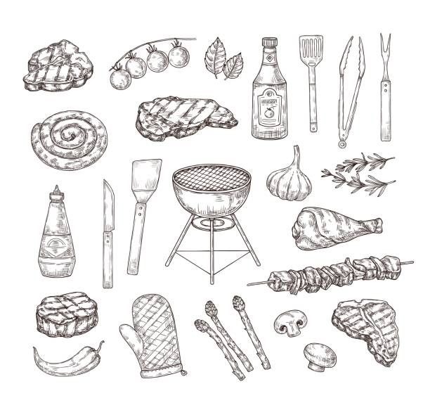 illustrations, cliparts, dessins animés et icônes de esquissez la nourriture grillée. outils de barbecue, sauces et viande. gravure à la main éléments de barbecue ensemble d’illustration vectorielle - barbecue grill chef barbecue sausage