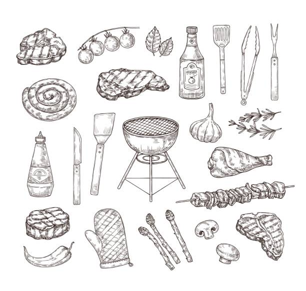 Sketch grill food. BBQ tools, sauces and meat. Hand drawn engraving barbecue elements vector illustration set Sketch grill food. BBQ tools, sauces and meat. Hand drawn engraving barbecue elements vector illustration set of grill picnic and barbecue food celebrity roast stock illustrations