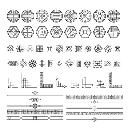 Traditional asian decorations. Korean frame borders, corners and dividers. Geometric stamp ornament, oriental line vector set of traditional frame asian, korean decoration illustration