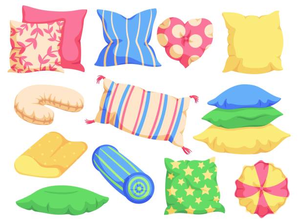 ilustrações, clipart, desenhos animados e ícones de almofada confortável. almofadas de cama, almofadas multicoloridas de forma diferente para dormir e decoração do quarto conjunto vetor de desenhos animados têxteis - cushion