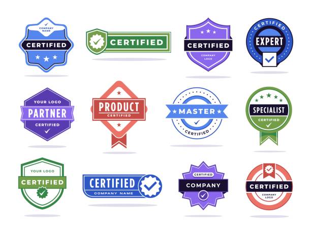 illustrations, cliparts, dessins animés et icônes de badge certifié. étiquette de partenaire d’entreprise, tampon d’accréditation d’expert ou de maître vérifié et ensemble vectoriel de marque de certification de produit - badge